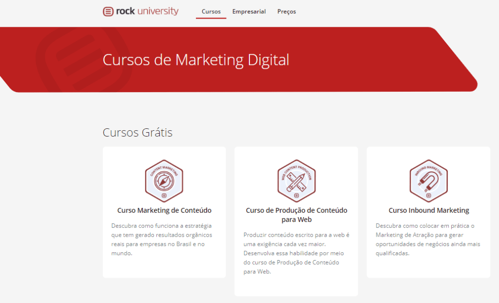 Interface da plataforma da Rock Content University, repleta de cursos de marketing digital grátis.