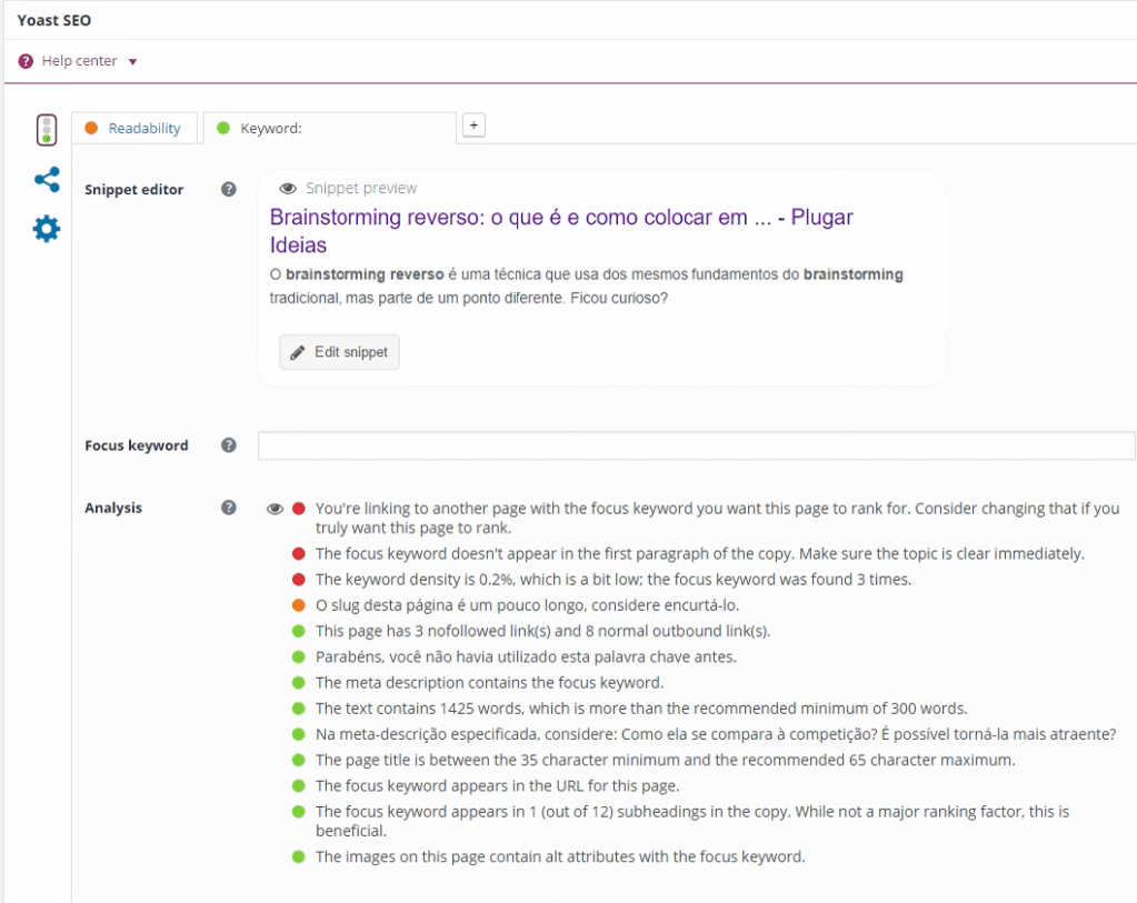 O Yoast te informa sobre a qualidade do SEO do seu conteúdo usando um sistema de cores muito fácil de assimilar.