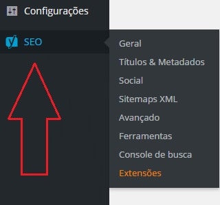 Menus do Yoast. A configuração é fácil e rápida.