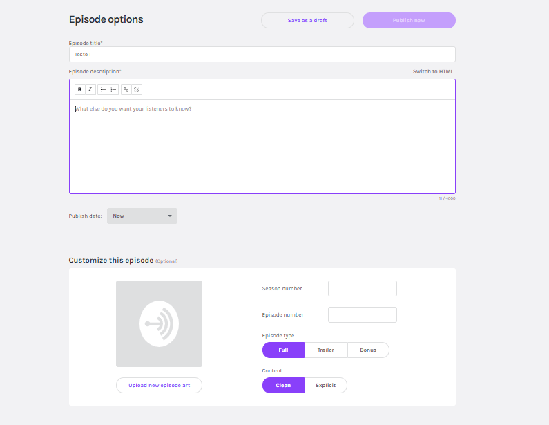 Página onde você adiciona informações sobre seu episódio no Anchor.