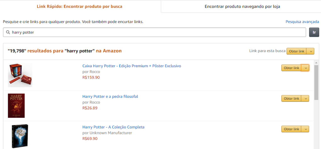 tela de links do programa de afiliados amazon