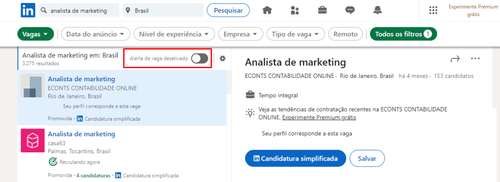 passo 3 de como criar um alerta de vagas no Linkedin