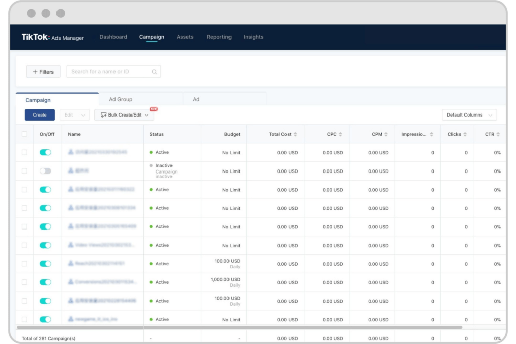 como anunciar no tiktok: Painel de anúncios do Ads Manager do TikTok.