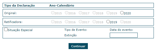 Após colocar seu CNPJ, você precisará selecionar o tipo de declaração DASN que irá fazer e o ano a ser apurado.