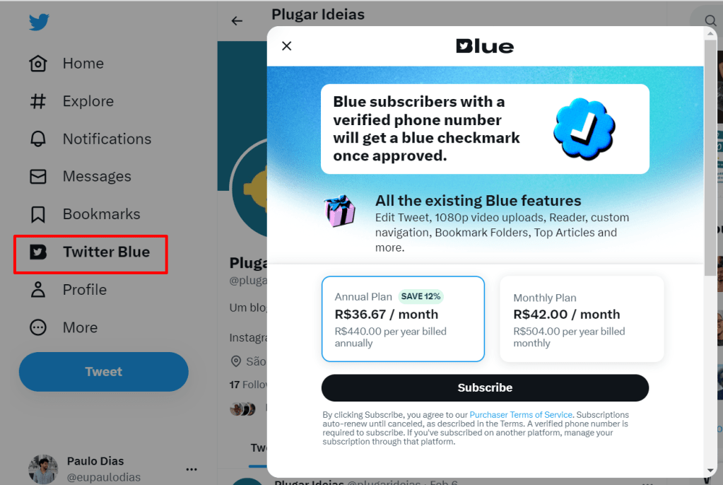 quanto custa o Twitter Blue